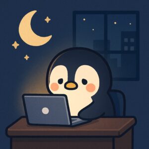 暗い部屋でパソコンに向かって作業するペンギンのイラスト｜深夜残業と体調不良のストーリーを象徴