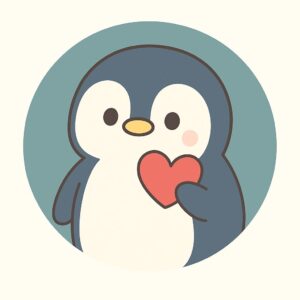 ノートとペンを持ち、ハートを添えて読者に感謝を伝えるペンギンのイラスト。