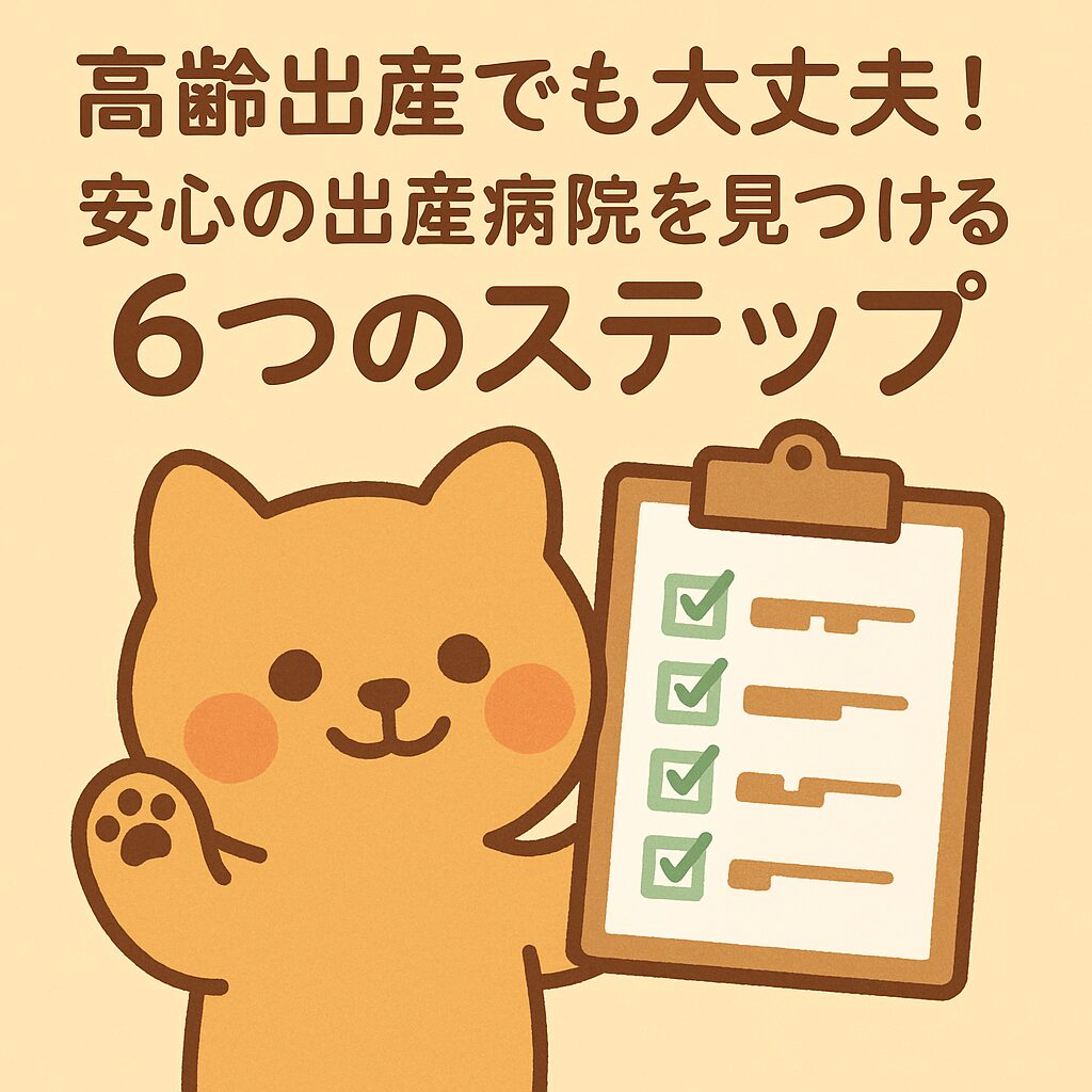 笑顔のクマがチェックリストを持って「高齢出産でも大丈夫！安心の出産病院を見つける6つのステップ」という文字が入った画像