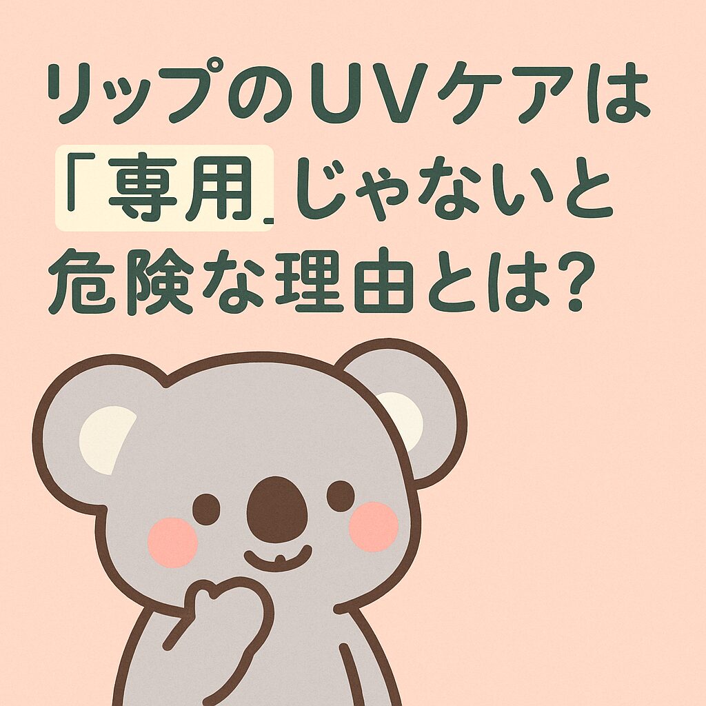 かわいいコアラのイラストと「リップのUVケアは『専用』じゃないと危険な理由とは？」という文字