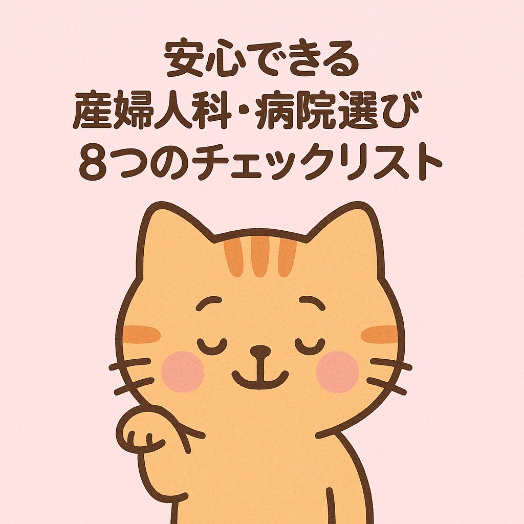 安心した表情のオレンジ猫と「安心できる産婦人科・病院選び8つのチェックリスト」というタイトル入りイラスト