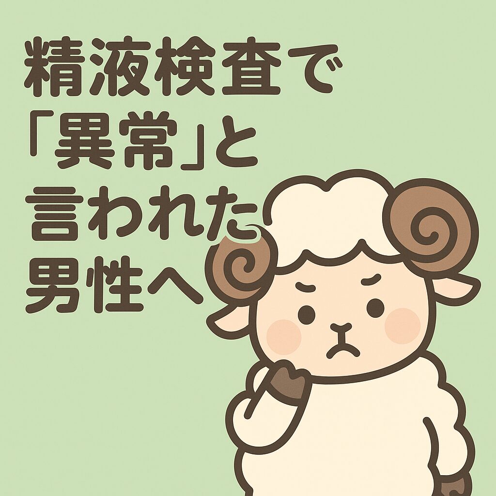 心配そうなヒツジのキャラクターと「精液検査で『異常』と言われた男性へ」というメッセージ入りイラスト