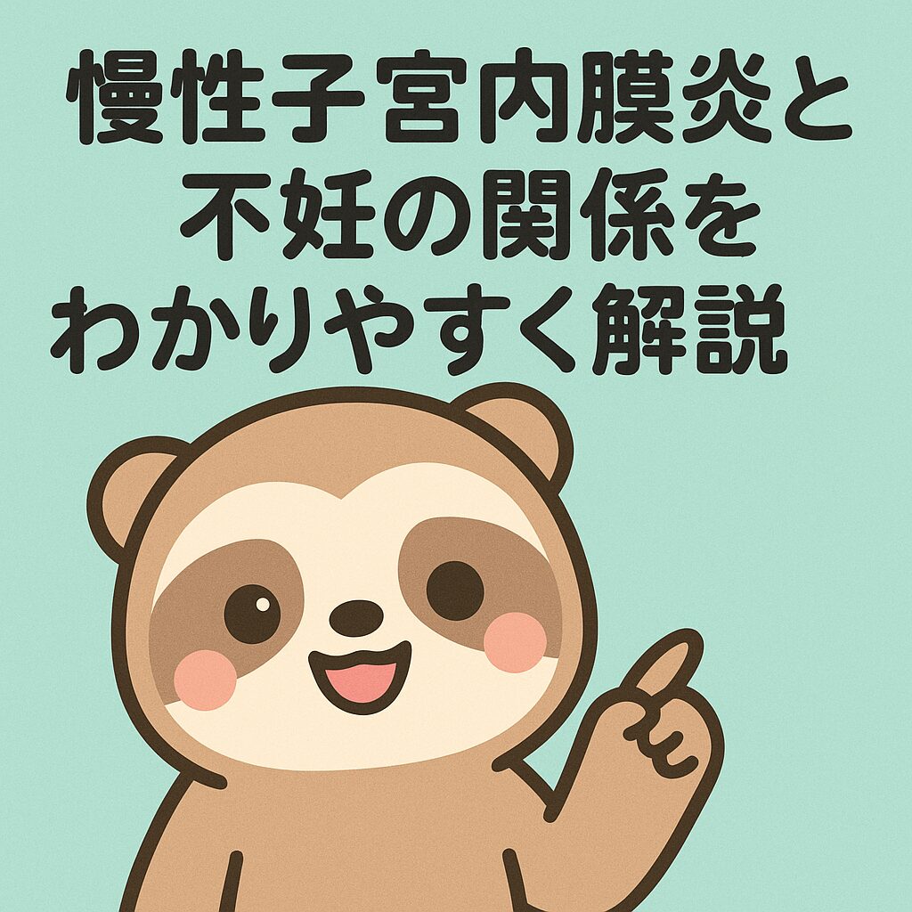 笑顔のナマケモノと「慢性子宮内膜炎と不妊の関係をわかりやすく解説」というタイトル入り画像