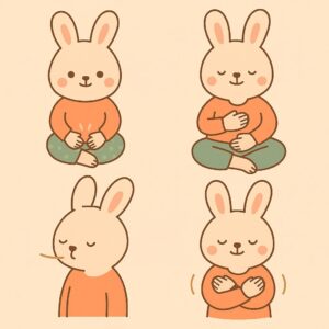 手を温める・お腹に手を当てる・呼吸を整える・自分をハグするポーズをする、リラックスした表情のかわいいうさぎのイラスト
