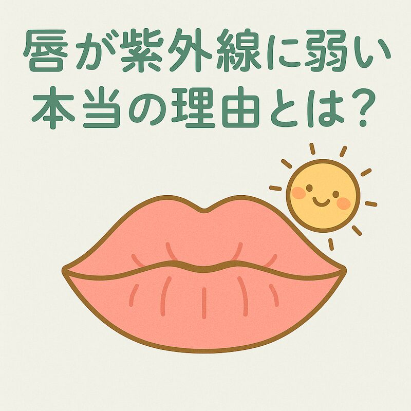笑顔の太陽とピンクの唇が描かれたイラスト。「唇が紫外線に弱い本当の理由とは？」という日本語テキストが添えられた、UVケアの重要性を伝える画像。