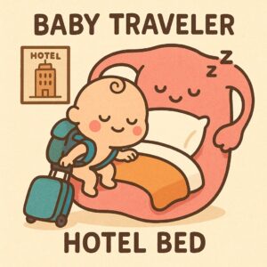 スーツケースを引いて子宮内膜ベッドに向かう赤ちゃん旅行者のかわいいイラスト