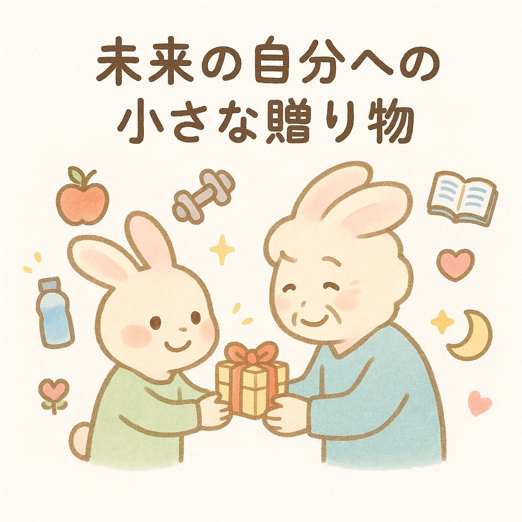 未来の自分への小さな贈り物をテーマに、若いウサギが年上の自分にプレゼントを渡すかわいいロンジェビティライフスタイルのイラスト