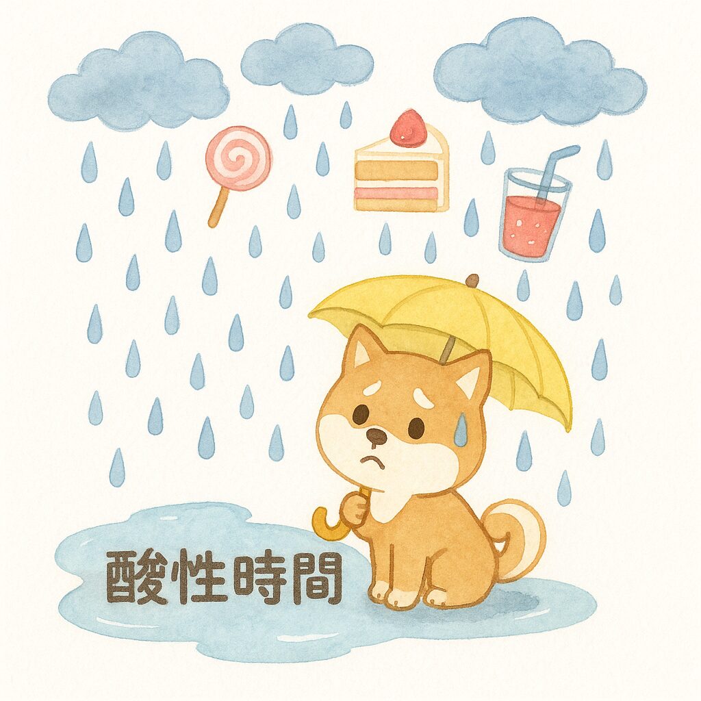 柴犬が傘を差して酸性時間の雨に濡れている水彩風イラスト。飴やケーキ、ジュースが降る様子で食べる頻度の虫歯リスクを表現。