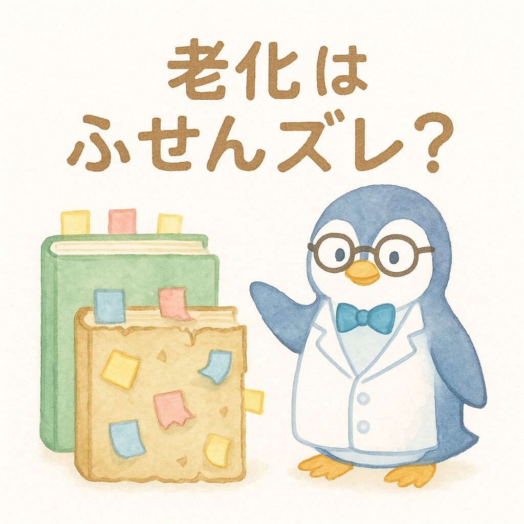 メガネをかけたペンギン博士が、本の前で老化を説明。左の本はふせんが整列、右の本はふせんがズレてボロボロ。