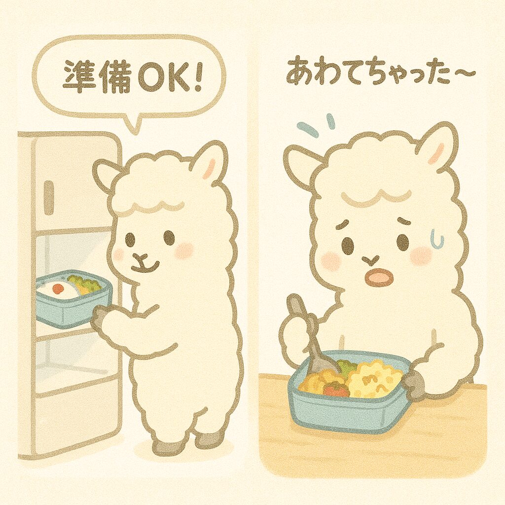 冷蔵庫に丁寧に作ったお弁当を入れるアルパカと、朝にあわててぐちゃぐちゃのお弁当を詰めているアルパカの比較イラスト。吹き出しで「準備OK!」「あわてちゃった〜」とセリフ付き。やさしいパステルカラーで安心感のある仕上がり。