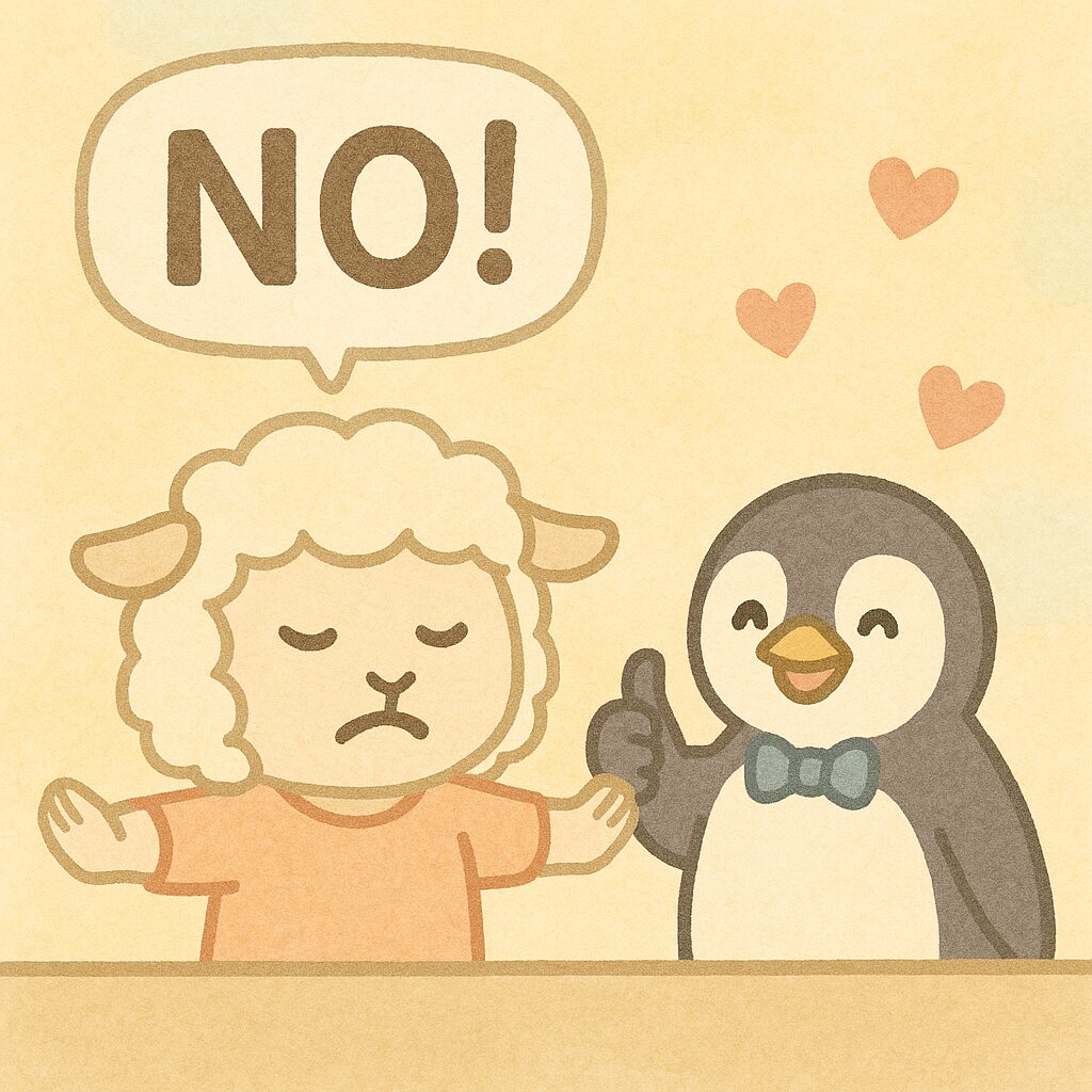 「勇気を出して断るヒツジちゃんが『NO!』と手を広げて断るポーズ。横でペンギンがサムズアップして応援。背景は明るく、ハートが散り安心感のある水彩風イラスト。」
