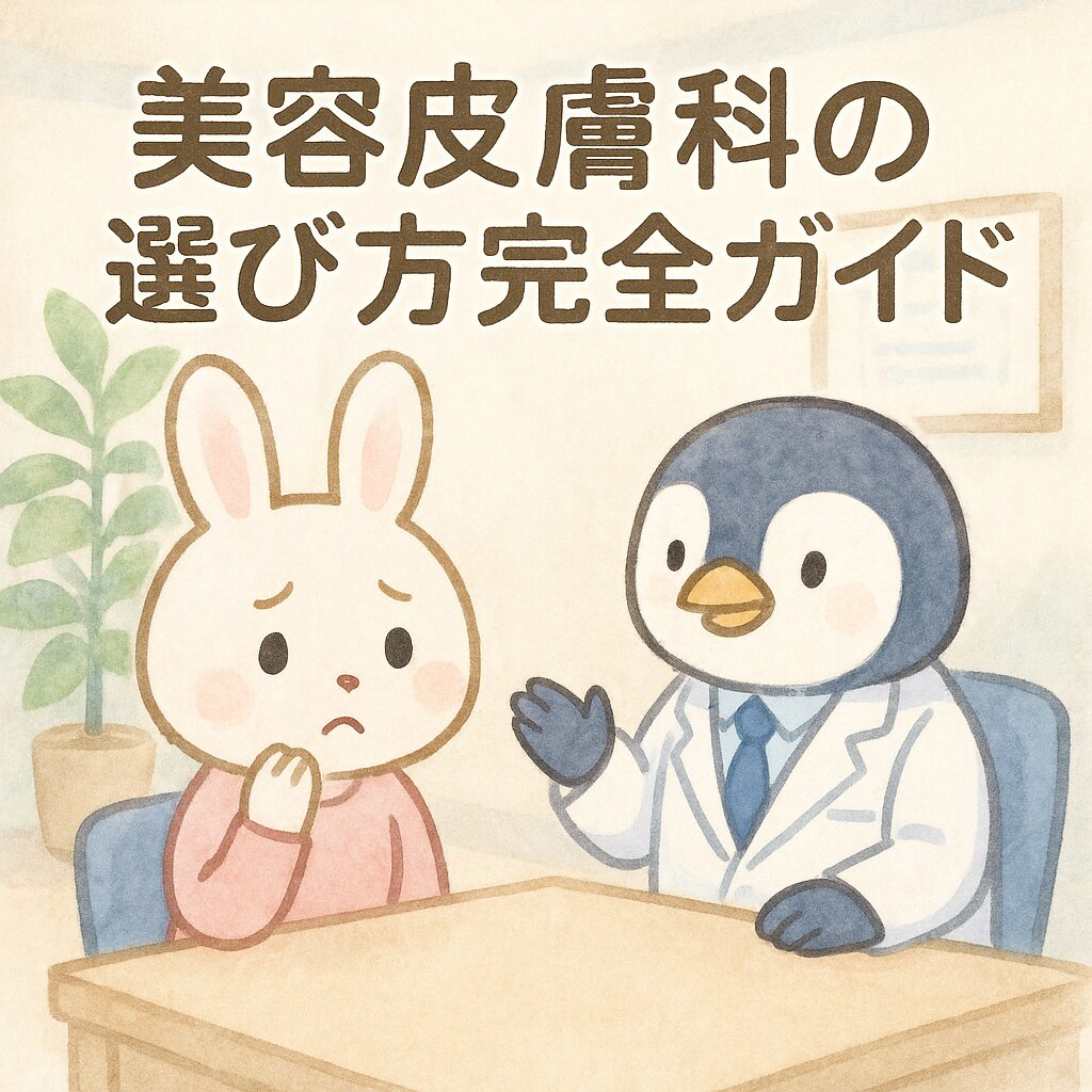 美容皮膚科選びに悩むウサギちゃんと優しく説明するペンギン先生の水彩風イラスト。カウンセリングルームの清潔感ある背景に観葉植物が配置されている。
