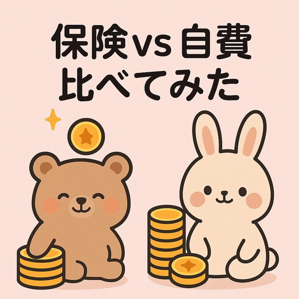 保険診療と自費診療の費用を比較する、かわいい動物キャラクターとお金のイメージが描かれたイラストのサムネイル