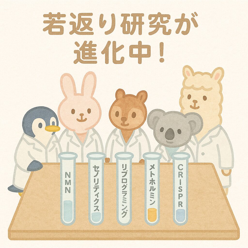 ペンギン・うさぎ・リス・コアラ・アルパカが医学ラボで研究。試験管に「NMN」「セノリティクス」「リプログラミング」「メトホルミン」「CRISPR」と記載。