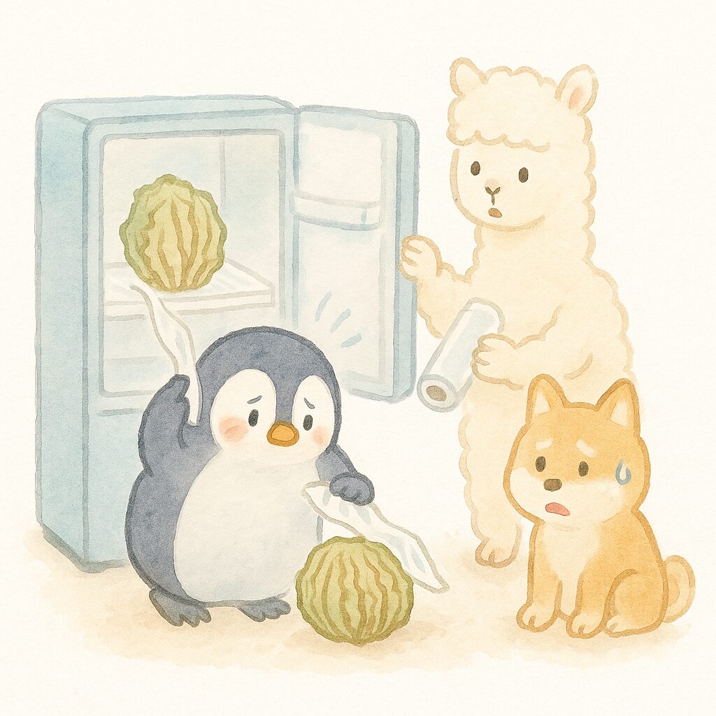 毎日洗顔すると乾燥してしまう様子を冷蔵庫の野菜で例えたイラスト。ペンギンがラップを剥がし、乾燥してしおれた野菜、心配そうに見守るアルパカとシバイヌが描かれている。