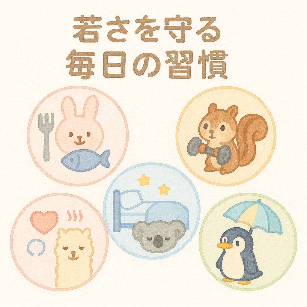 丸いフレーム内に5つの習慣アイコン:食事(うさぎ)、運動(リス)、睡眠(コアラ)、ストレス管理(アルパカ)、紫外線対策(ペンギン)。