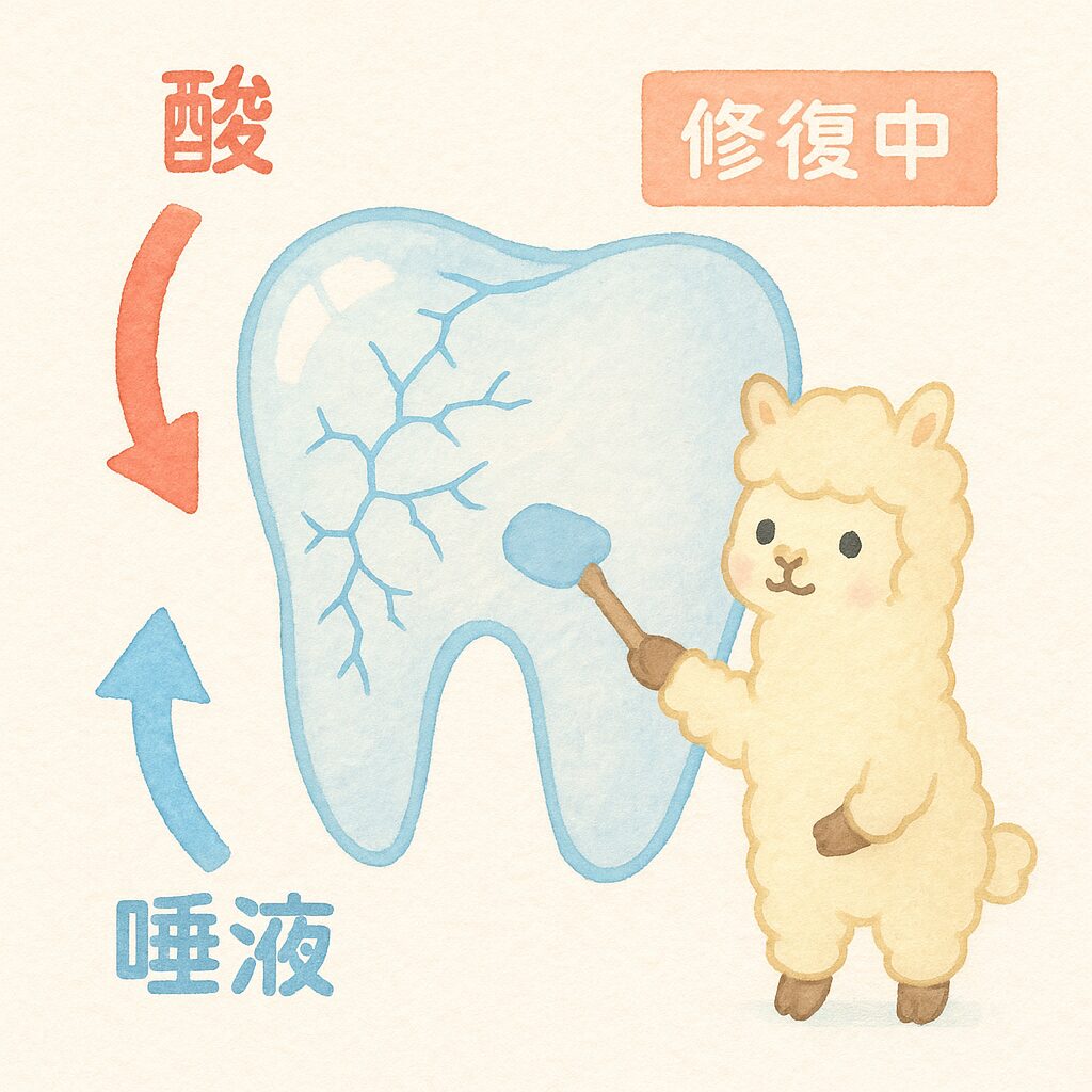 歯の脱灰と再石灰化のメカニズムをガラスのヒビのように図解したイラスト。酸でヒビが広がり、カルシウムとリン酸が修復する様子を描く。