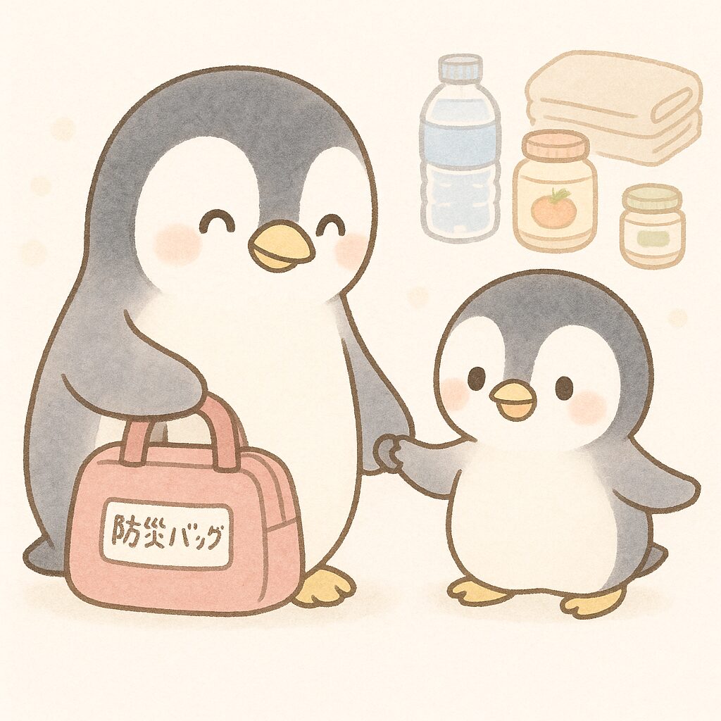 防災バッグを持つペンギンの親子。ママと赤ちゃんが手をつなぎ、にっこり笑顔で防災準備をしている様子のやさしいイラスト。