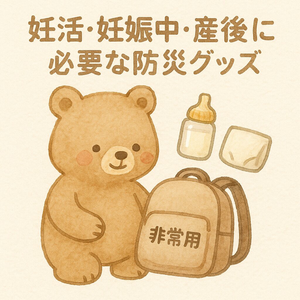 妊活・妊娠中・産後の防災グッズをテーマに、非常用リュックと哺乳瓶、おむつを持つやさしい表情のクマの水彩風イラスト