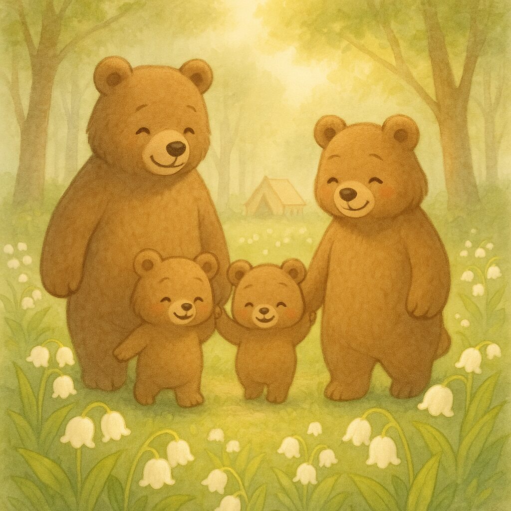 クマの家族が森の中で手をつなぎ歩く、すずらんに囲まれたやさしいタッチのイラスト