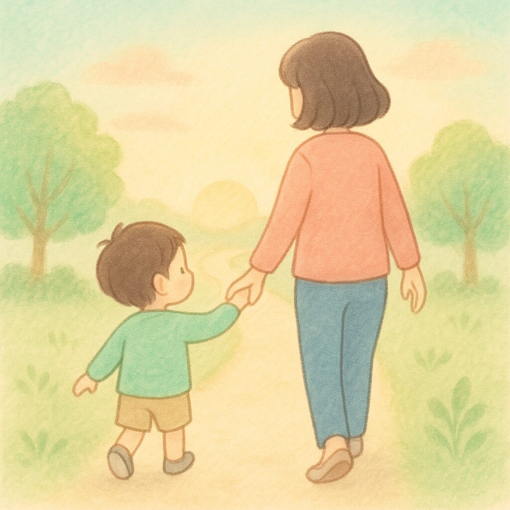 親子が手をつなぎ、自然の中を未来へ向かって歩く、やさしい色合いのイラスト