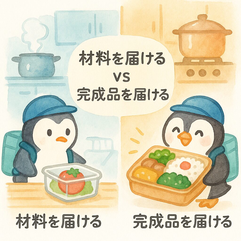 初期胚凍結は食材を早めに届けるイメージ、胚盤胞凍結は完成したお弁当を届けるイメージの比較イラスト。水彩風、ペンギンのキャラクターが配達中。