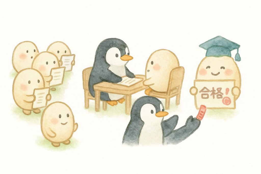受精卵の自然淘汰を面接選抜に例えたイラスト。履歴書を持った卵キャラが列に並び、ペンギン面接官が質問し、最後に合格卵が選ばれている水彩風イラスト。