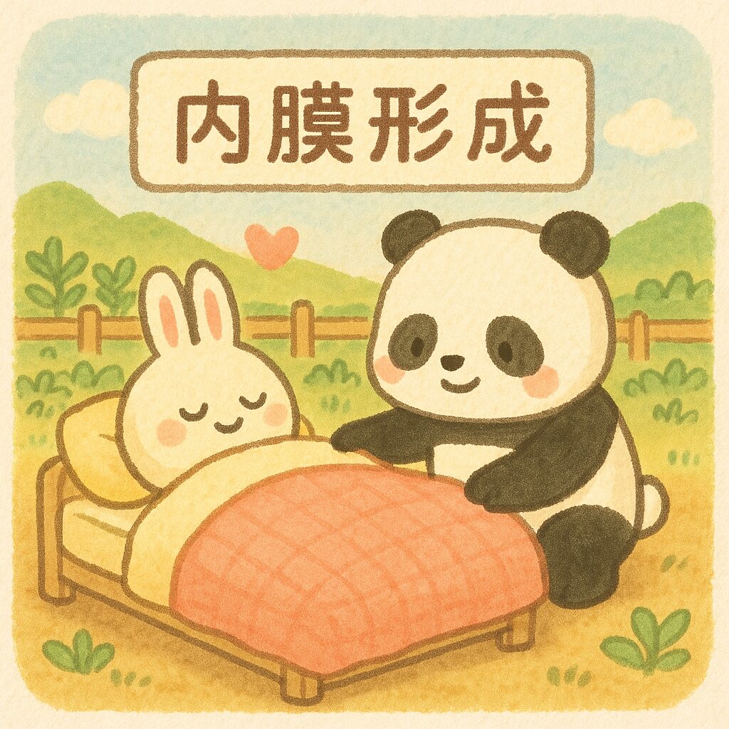 内膜形成をテーマにしたかわいい水彩風イラスト。パンダが屋外の畑の一角で、ふかふかのお布団に卵型のキャラクター(ウサギ)を優しく寝かせている。背景に自然とハートマークが描かれている。