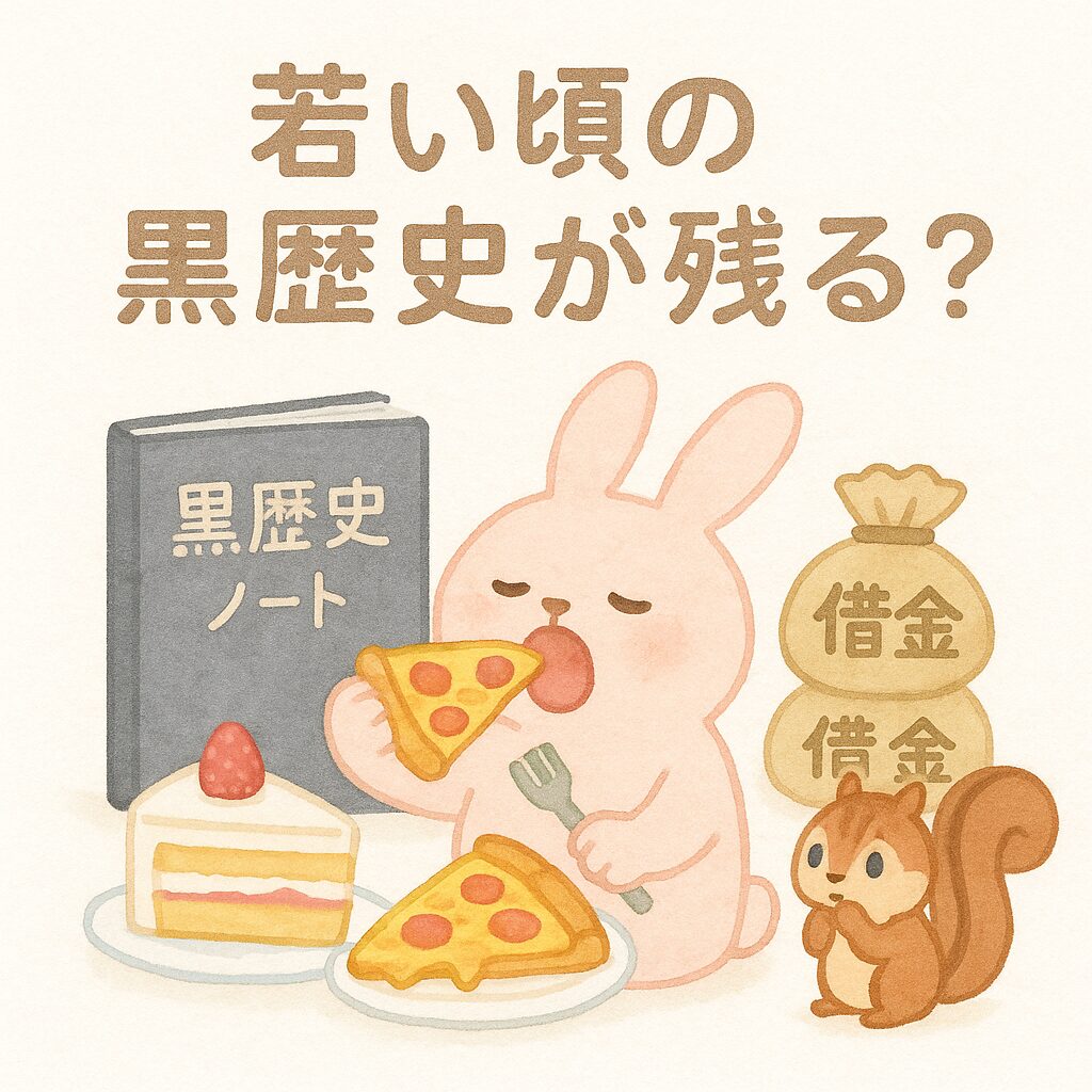 うさぎがピザとケーキを食べ、後ろに「黒歴史ノート」と借金袋が積まれている。リスが心配そうに見守る。