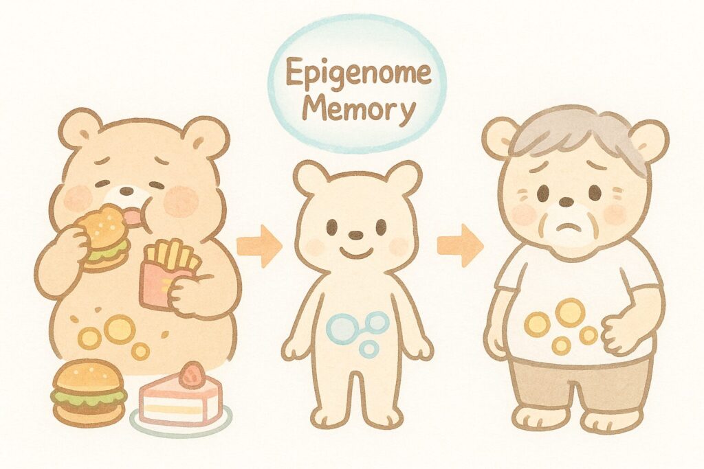 エピゲノムメモリーによる体重変化の流れを、かわいいウサギキャラクターでわかりやすく解説したイラスト