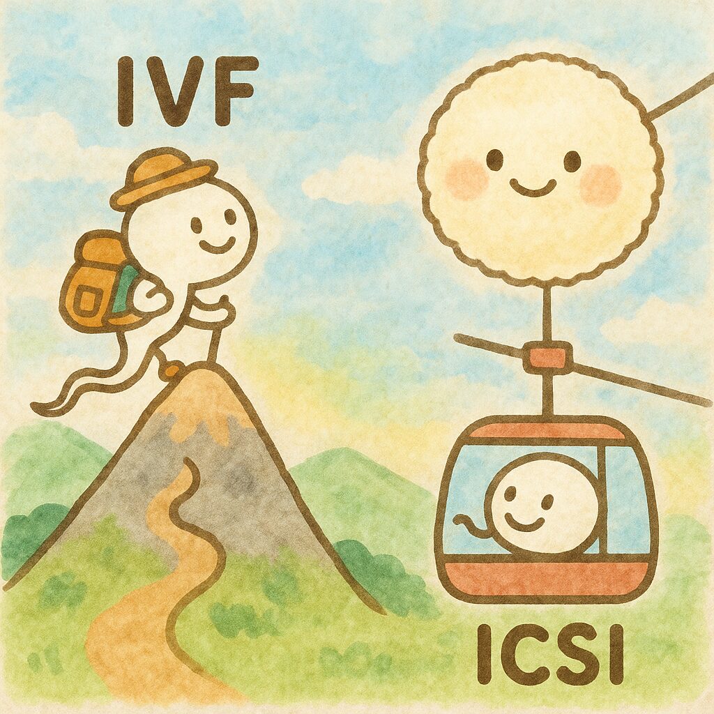 山登りで卵に向かう精子キャラ(IVF)と、ロープウェイで卵に向かう精子キャラ(ICSI)を描いた絵本風イラスト