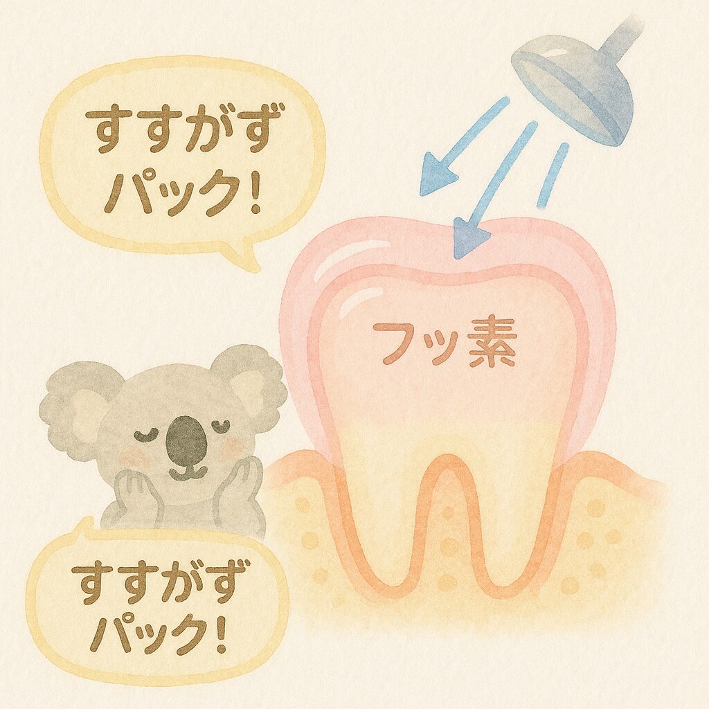 フッ素の薄膜が歯を優しく覆い、水に流されず保護している様子を説明するコアラのイラスト