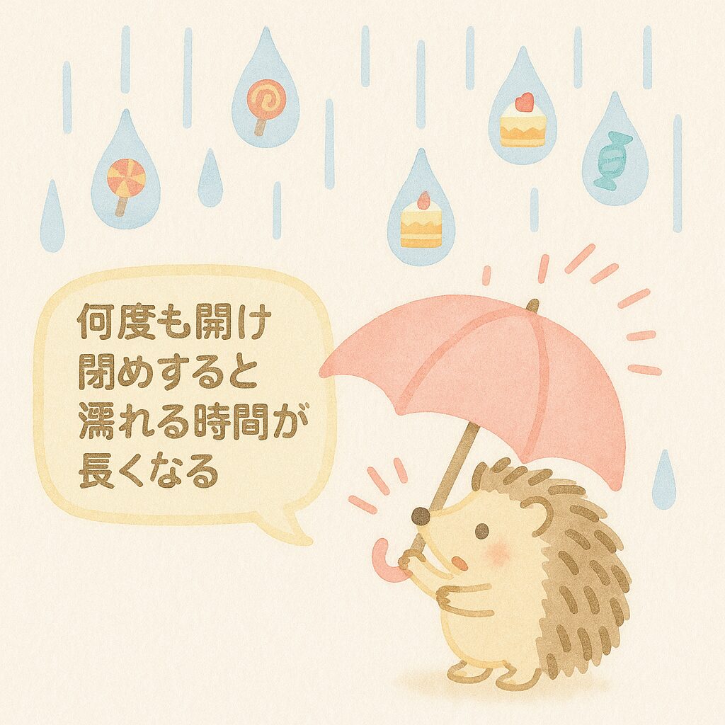 ハリネズミが飴やケーキの雨の中、傘を何度も開け閉めして濡れる時間が長くなる様子を表現したイラスト
