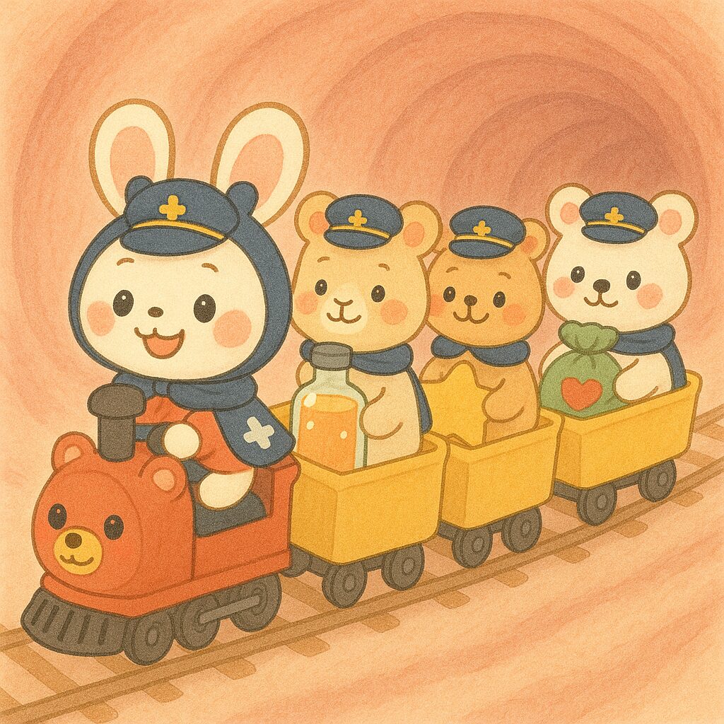 腸内のトンネルを走る電車に、帽子とマントを着たウサギ・クマたちが乗っている可愛いイラスト。各動物はビンや星、ハート入り袋を運んでおり、善玉菌をイメージしている。