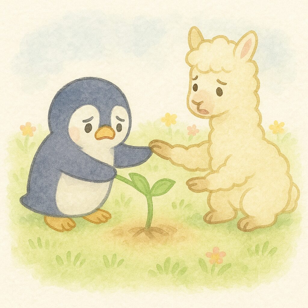 新しく発芽した髪の苗を引っ張ろうとする困り顔のペンギンと、慌てて止めに入る心配顔のアルパカが描かれた水彩イラスト。芝生と花が広がる優しい背景。