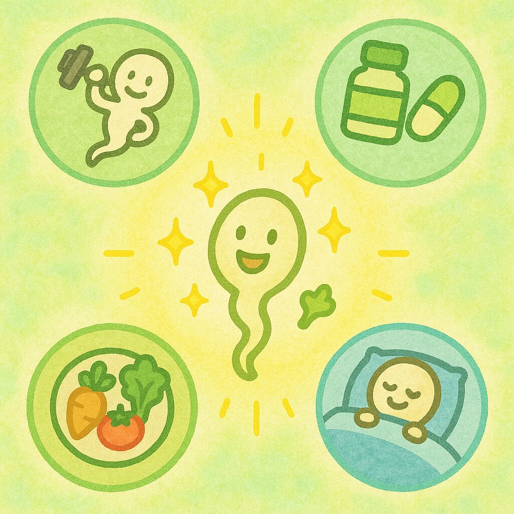 筋トレ、サプリ、早寝、禁煙、食事(野菜)の5つのアイコンに囲まれた元気な精子キャラの水彩イラスト