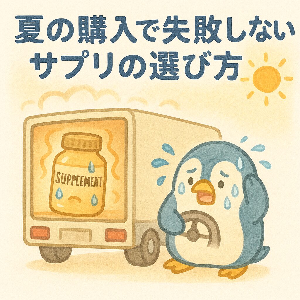 「宅配トラックの荷台で汗をかくサプリボトルと、慌てるペンギン運転手のイラスト。夏のネット購入リスクを表現」
