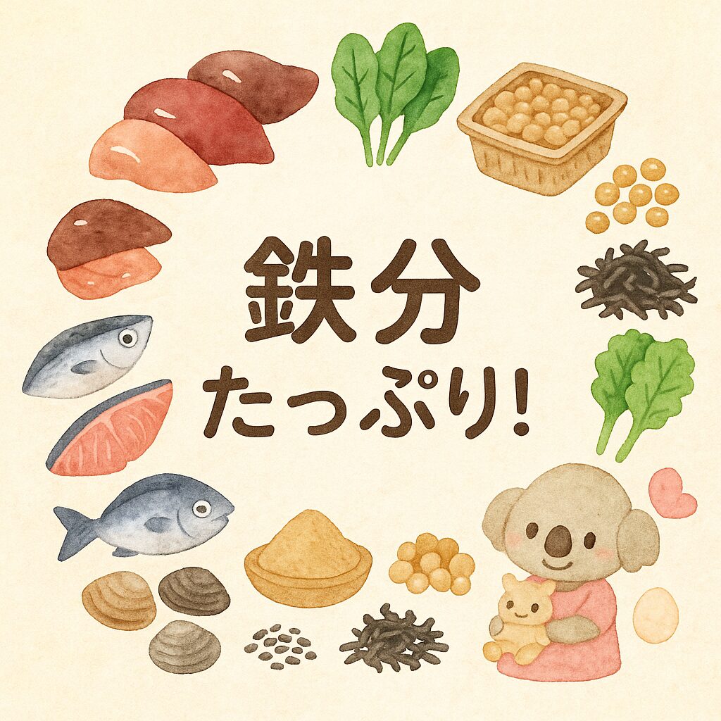 鉄分たっぷりの食材が円形に配置されたかわいい水彩風イラスト。レバー、貝、魚、小松菜、納豆、きなこ、ひじき、ごまなどが描かれ、右下にコアラが登場。