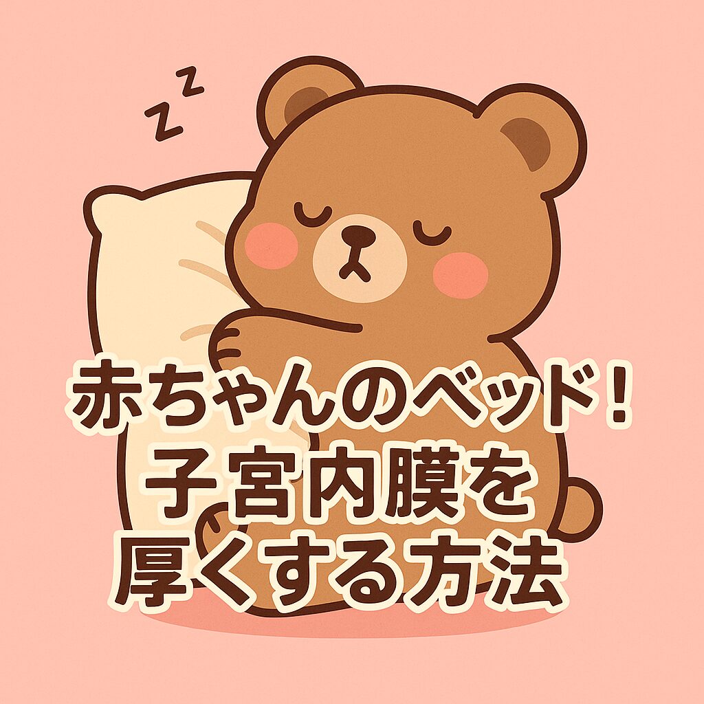 枕を抱いて眠るクマと「赤ちゃんのベッド！子宮内膜を厚くする方法」という中央配置の文字入りイラスト