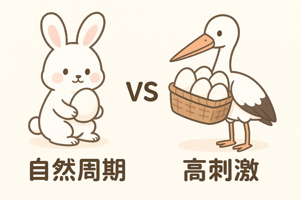 自然周期は1つの卵を抱えるうさぎ、高刺激はたくさんの卵を運ぶコウノトリのかわいい比較イラスト