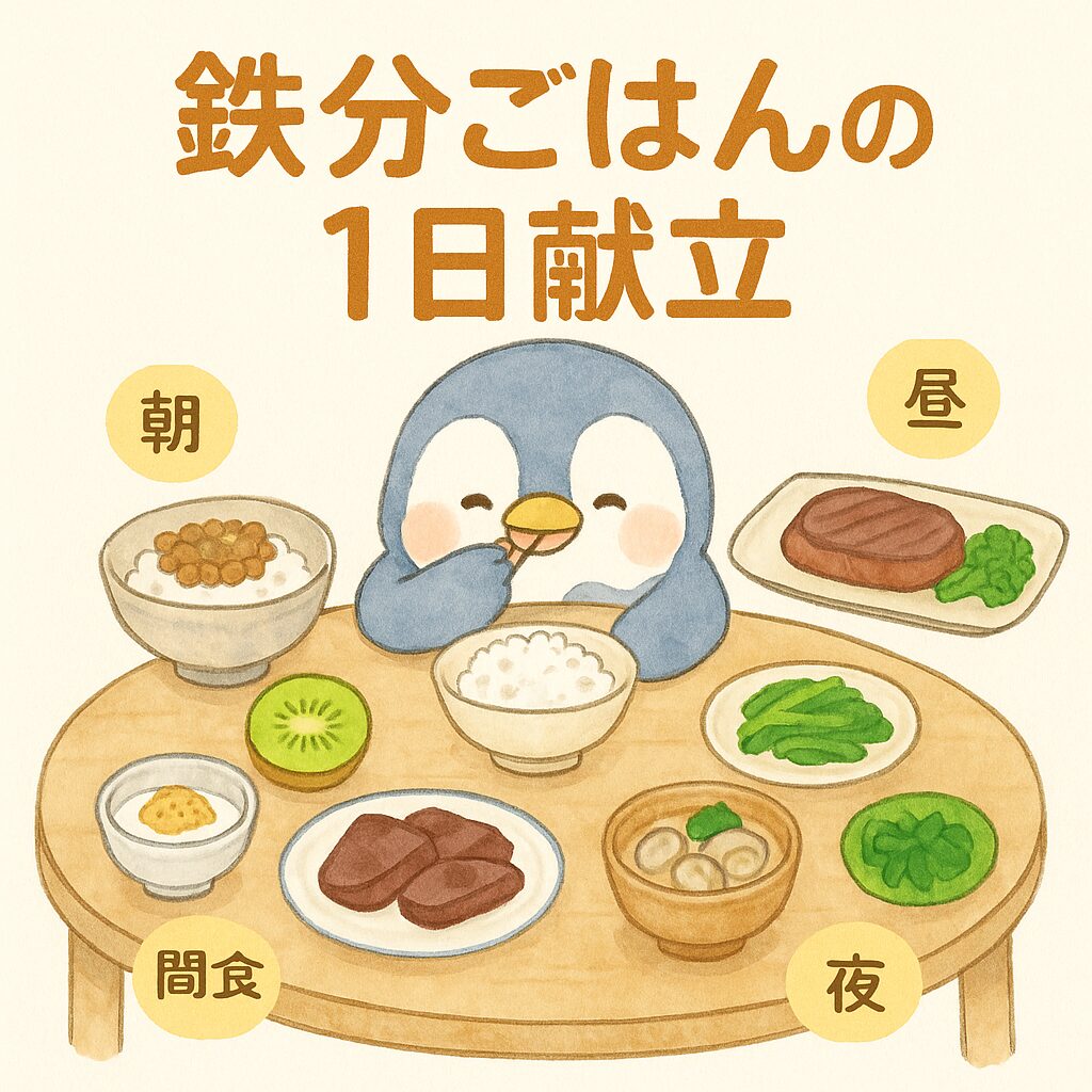 鉄分ごはんの1日献立を描いたかわいい水彩風イラスト。丸テーブルでペンギンが食事し、納豆ごはん、牛ヒレステーキ、豚レバー、あさり味噌汁、ヨーグルトなどの鉄分豊富な料理が並ぶ。