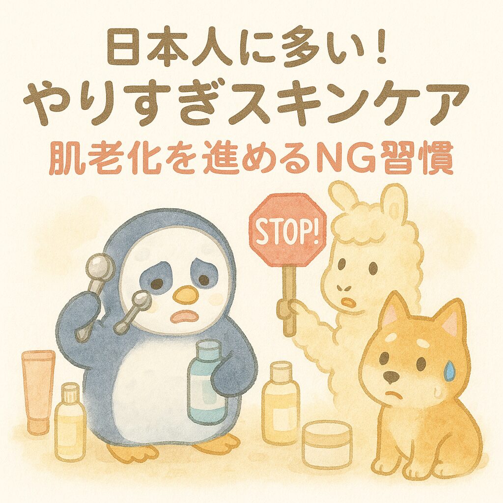 日本人に多いやりすぎスキンケアを表現したイラスト。スキンケア道具を使いすぎて困っているペンギン、止めようとするアルパカ、心配そうに見守るシバイヌが描かれている。