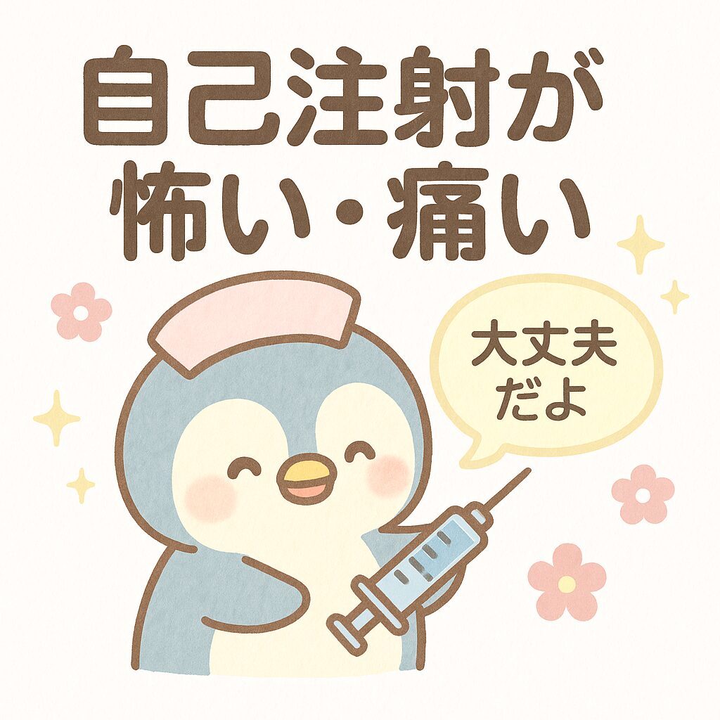 自己注射が怖い・痛いと感じる人を優しく励ますペンギンナースのイラストアイキャッチ