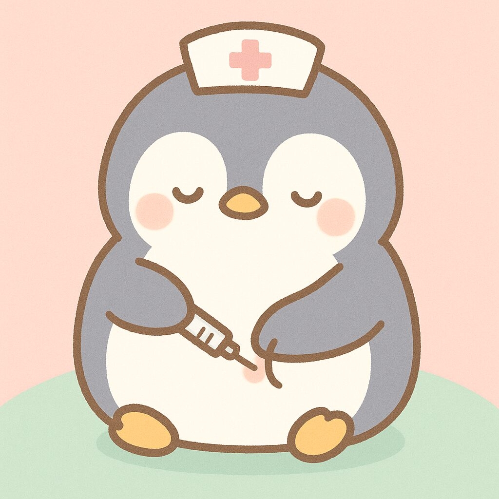 「ナース帽をかぶった可愛いペンギンが、丸いお腹にやさしく自己注射をしている様子。ピンクとミントグリーンの優しい背景。」