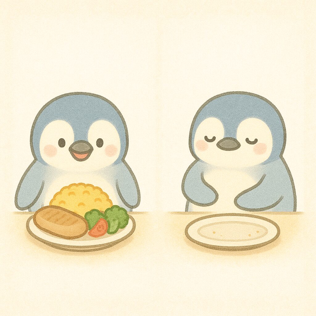 料理を目の前にして嬉しそうなペンギンと、完食して満足そうにお腹をさするペンギンの比較イラスト。ご飯・おかず・野菜の彩り豊かなプレートで、妊娠=食事前、出産=完食後のイメージをやさしいタッチで表現。