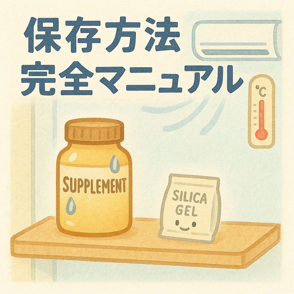 「冷房の効いた部屋のクローゼット棚にサプリ瓶と乾燥剤シリカゲルが置かれているイラスト。正しい保存環境のイメージ」