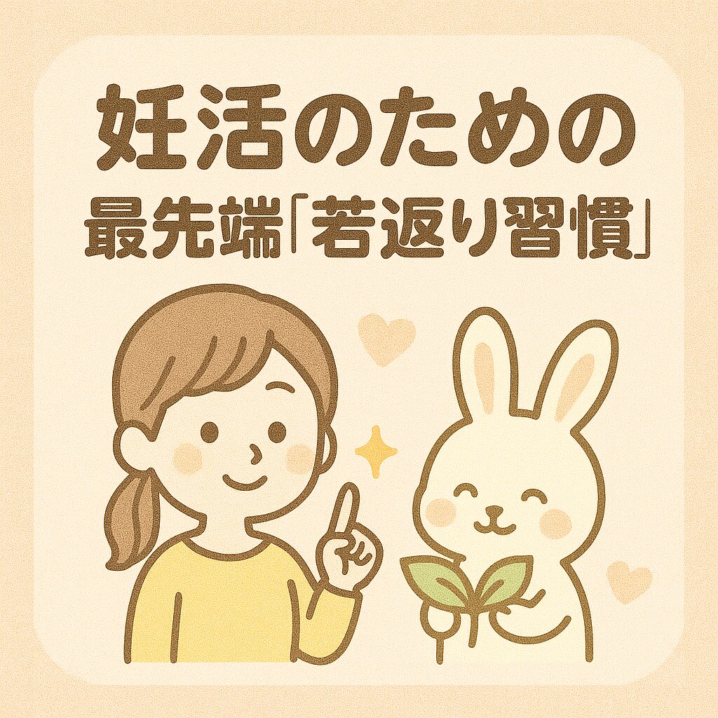 「妊活のための 最先端『若返り習慣』」という文字と、指を立ててアドバイスする女性キャラクター、若々しい葉っぱを持つうさぎのキャラクターが描かれたやさしいパステル調の正方形イラスト。背景にはハートやキラキラがちりばめられ、妊活に希望と前向きな印象を与えるデザイン。