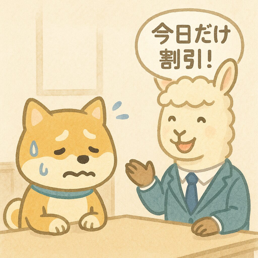 「営業トークに悩むシバイヌちゃんと『今日だけ割引!』と笑顔で勧めるアルパカの水彩風イラスト。カウンター風の契約ブース背景でコミカルに描写。」