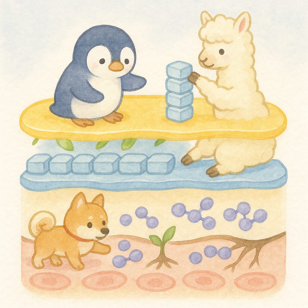 頭皮のバリア構造を層状に描いた水彩イラスト。皮脂膜を整えるペンギン、セラミドを積み上げるアルパカ、常在菌層を管理するシバイヌがそれぞれ配置され、皮膚バリアを守る様子を表現。