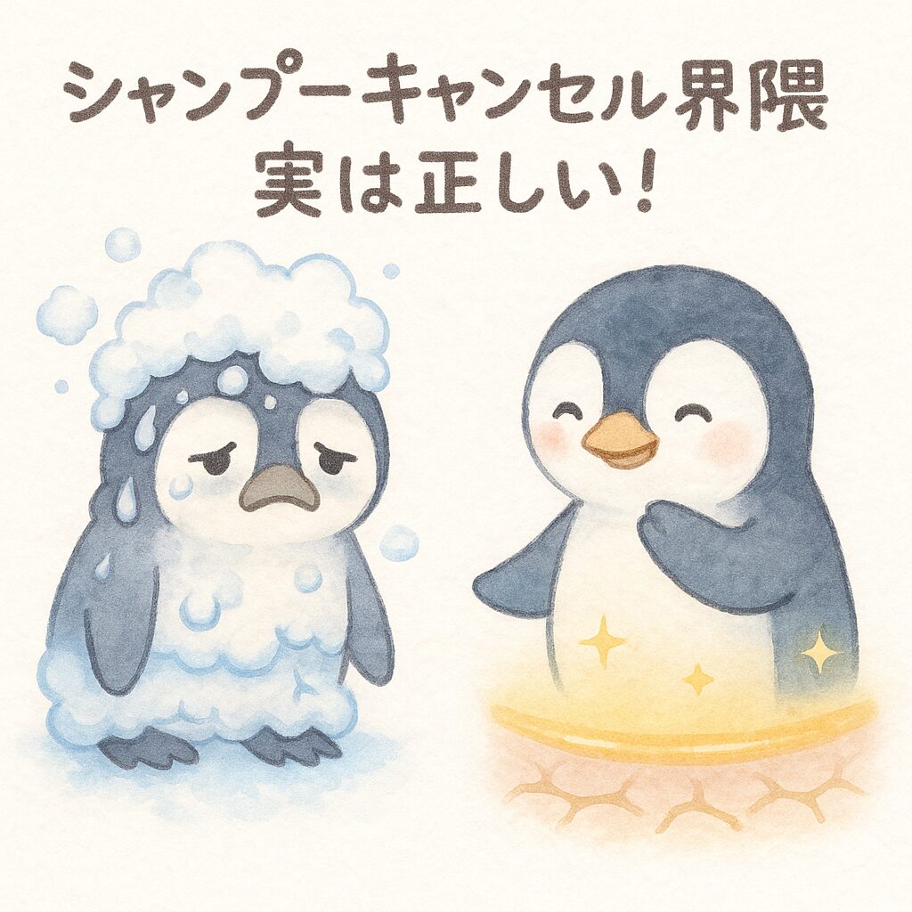 シャンプーのやりすぎと優しいケアを比較するペンギンの水彩イラスト。左は泡だらけで皮脂膜が崩壊した疲れ顔、右は優しく撫でるだけで皮脂膜が輝く笑顔のペンギン。中央に「シャンプーキャンセル界隈 実は正しい！」の文字。